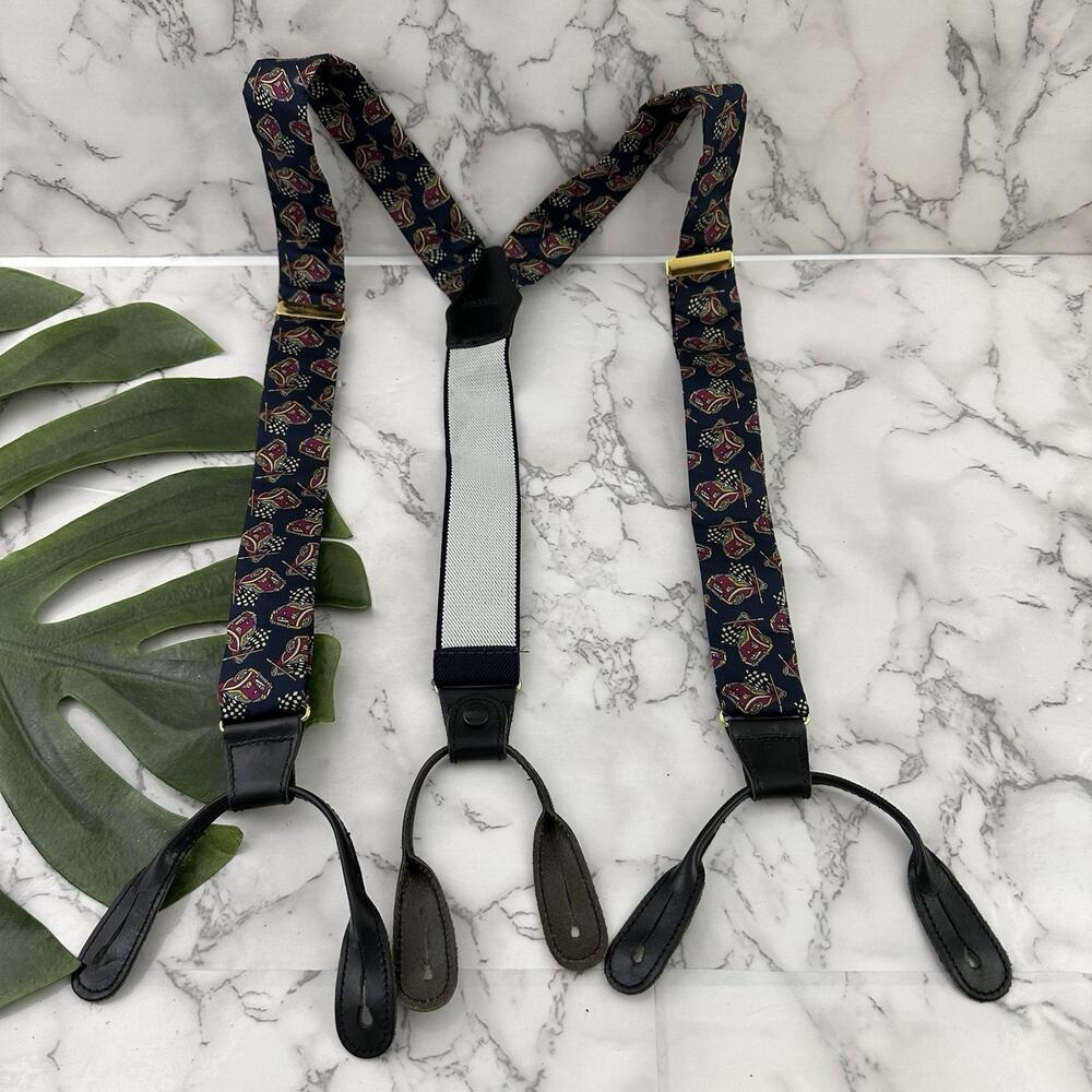 Harrods Mens Vintage 90s Silk Suspenders Braces Black Red Race Cars One Size